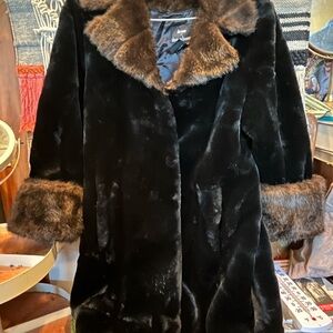 Dennis Basso Black and Brown Faux Fur Coat jacket medium M thick plush like new